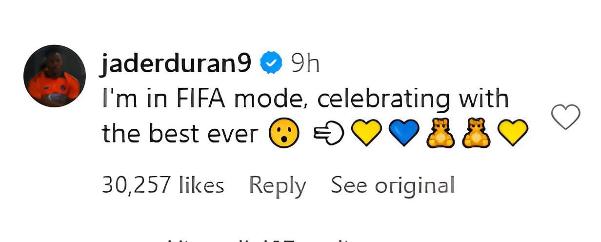Jhon Duran's comment to Cristiano Ronaldo's post (Image: Instagram/@cristiano)